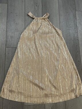 Lush Gold Metallic Pleated Halter Dress